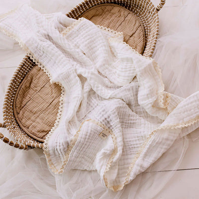 Confetti Kidz Muslin Blanket with Lace Trim - White