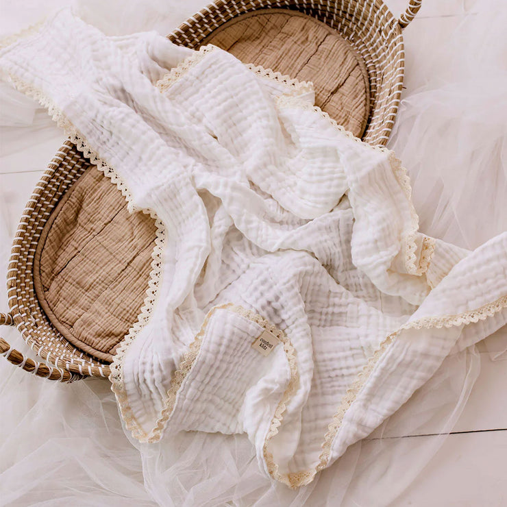 Confetti Kidz Muslin Blanket with Lace Trim - White