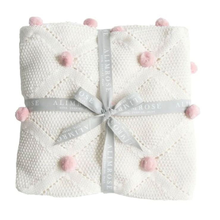 Alimrose Pom Pom Baby Blanket - Ivory with Pink Pom Poms