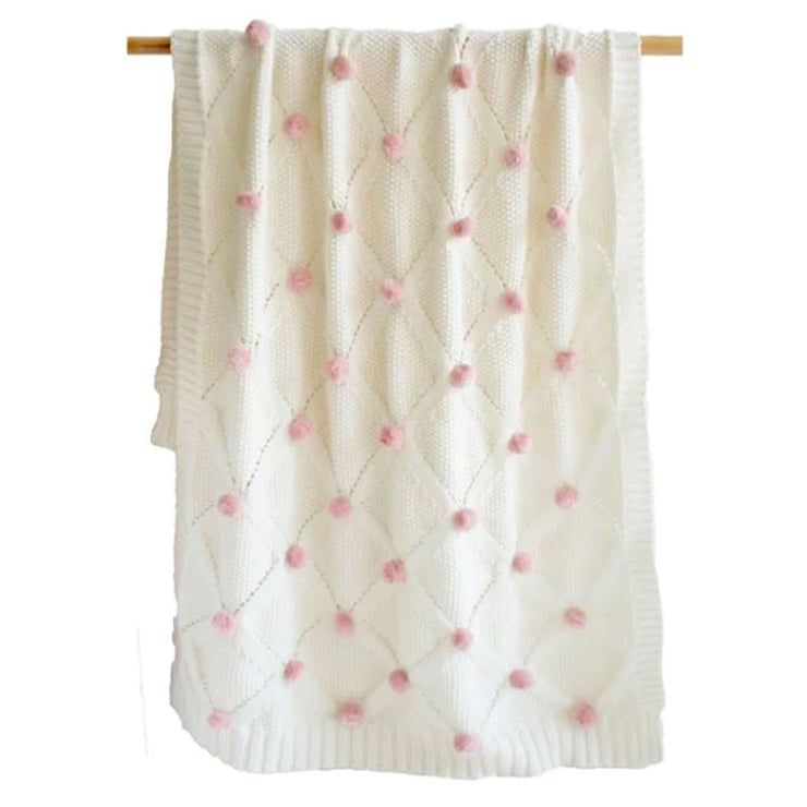 Alimrose Pom Pom Baby Blanket - Ivory with Pink Pom Poms