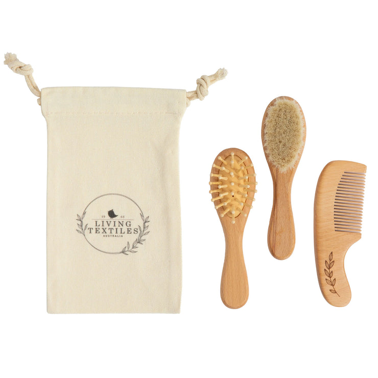 Living Textiles 3 Pc Baby Wooden Brush & Comb Set