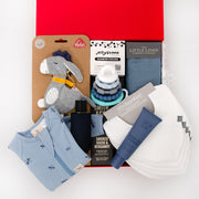 thoughtful hamper for boys including romper, crinkle toy, silicone stack toy, muslin wrap, 6 pack bibs, hand cream and room spray. From $195.00