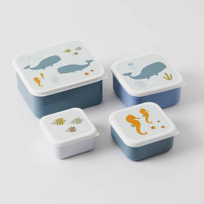  Brighten little one’s day with the Ocean Lunch & Snack Box Set. With four different size containers, you can pack a variety of snacks and lunches. Perfect for school or on the go, this set stores easily as the smaller containers fit into the bigger ones. $19.95