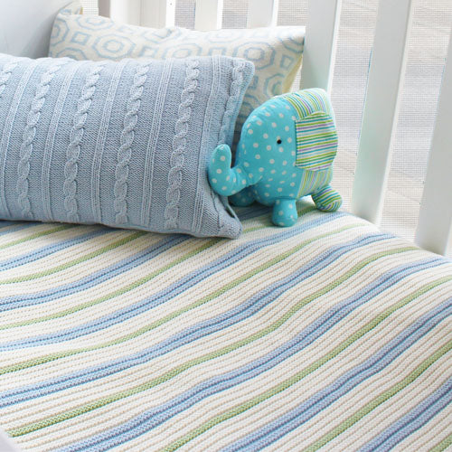 Branberry Striped Garter Knit Cot Blanket Blue, Mint Ivory