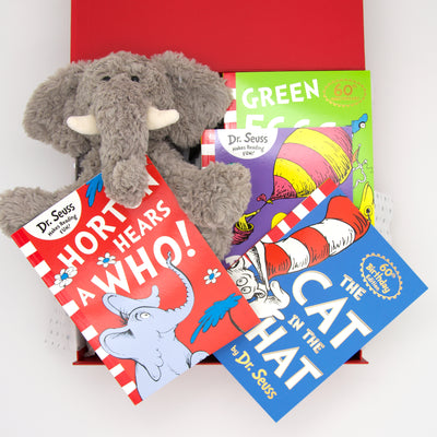No childhood bookshelf is complete without these timeless classic showcasing the very best of Dr. Seuss, from the life lessons, to the charming rhymes and imaginative illustrations. We've included the very soft & cuddly Jimmy elephant who's always ready for bedtime snuggles and his all time favourite Horton Hears A Who! All items are beautifully presented in our chic, red, signature memory box. $99.00