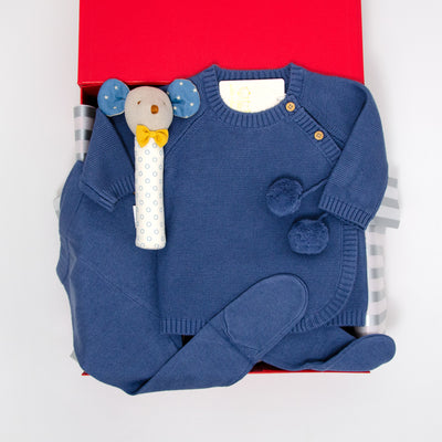 Welcome a new arrival with this thoughtful gift to keep little one as warm as toast.  Sweet and cozy this gorgeous knit kimono cardigan and legging set is the perfect winter outfit for any occasion.  We could resist adding Henry Mouse squeaker, an entertaining chap and the ideal companion for little one out and about. All gifts are beautifully presented in our chic, red, signature memory box. $137.00