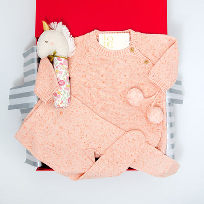Welcome a new baby girl with this thoughtful gift to keep little one warm and toasty.  Sweet and cozy this gorgeous knit kimono cardigan and legging set is the perfect winter outfit for any occasion.  We couldn't resist adding Yvette Unicorn squeaker, an entertaining little lady and perfect out & about companion.  All gifts are beautifully presented in our chic, red, signature memory box. $137.00